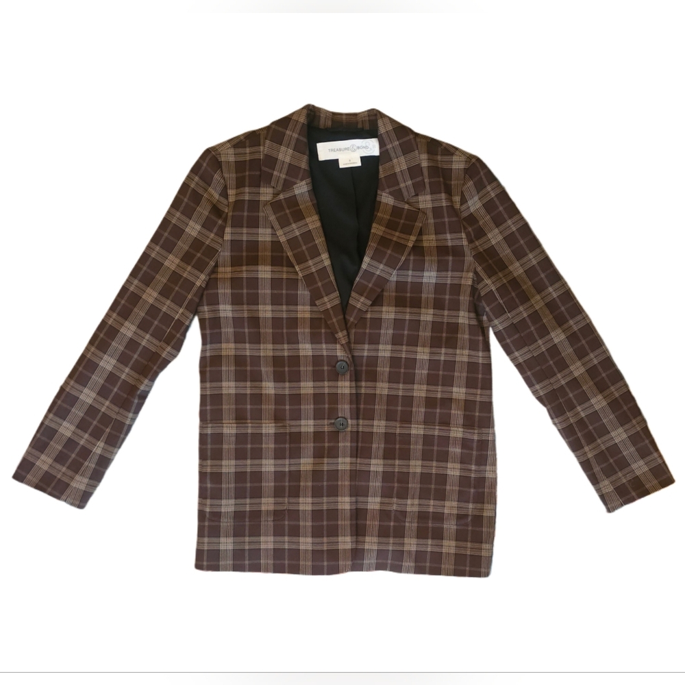 Treasure & Bond Brown Plaid Blazer Button Front Small